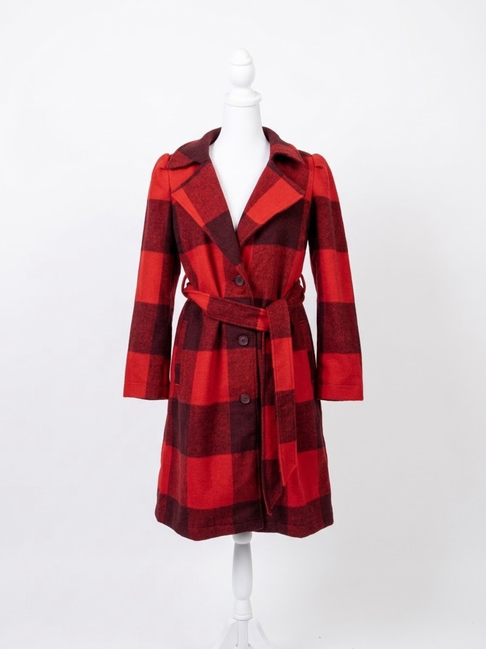 G by Giuliana Red and Dark Red Plaid Belted Pea Coat